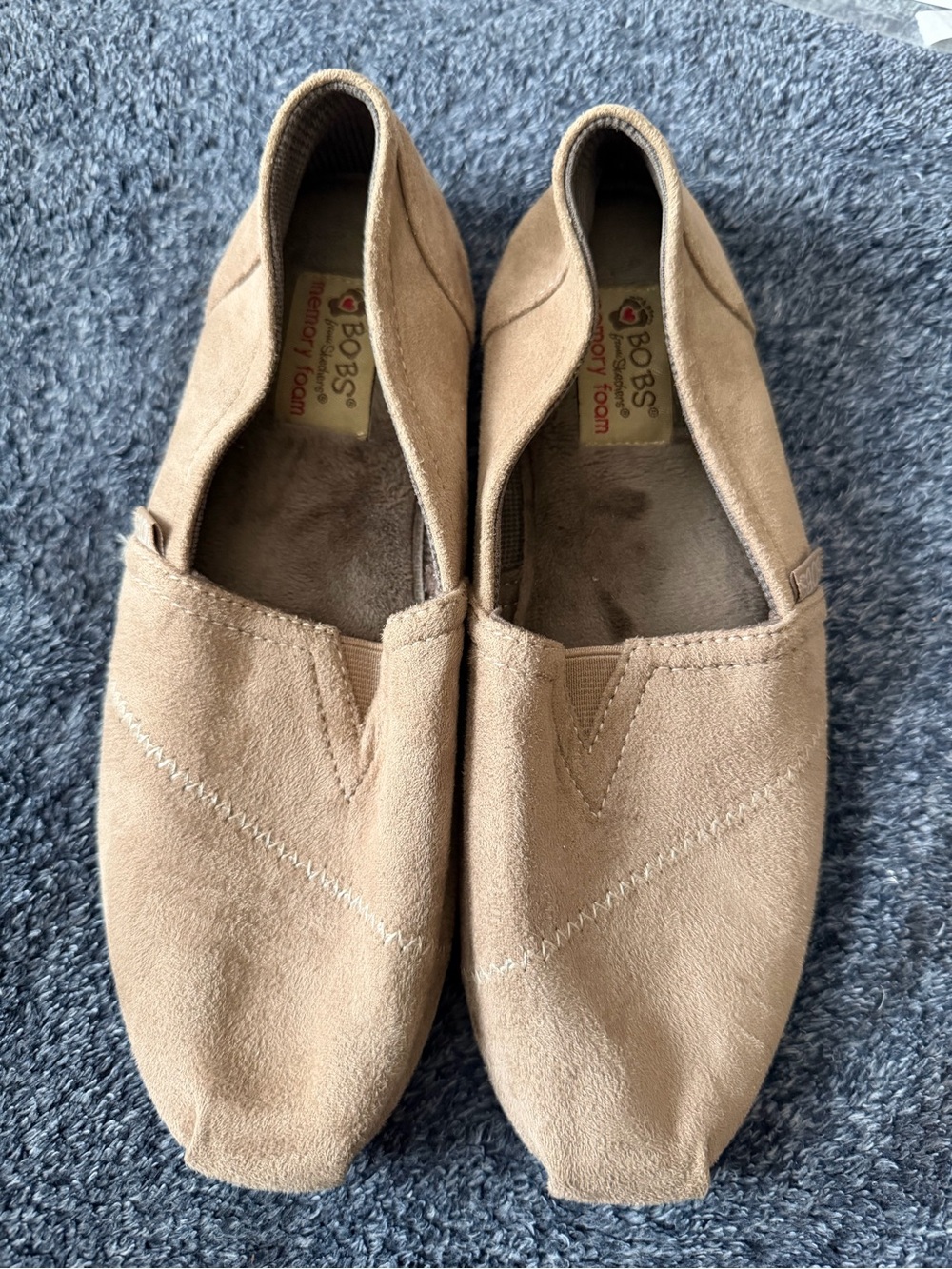 BOBS from Skechers Women's Memory Foam Taupe Suede Slip-On Flats